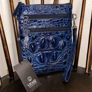 VEARI Croc Crocodile Blue Leather Wristlet Handbag Purse